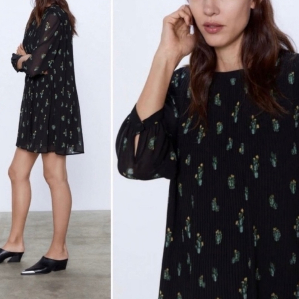 LIKE NEW Zara Pleated Chiffon Cactus Print Baby Doll Mini Dress Size Small - Picture 3 of 11
